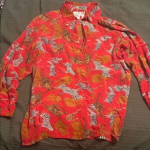 100% SILK Bold Red Animal Print Button Down Shirt